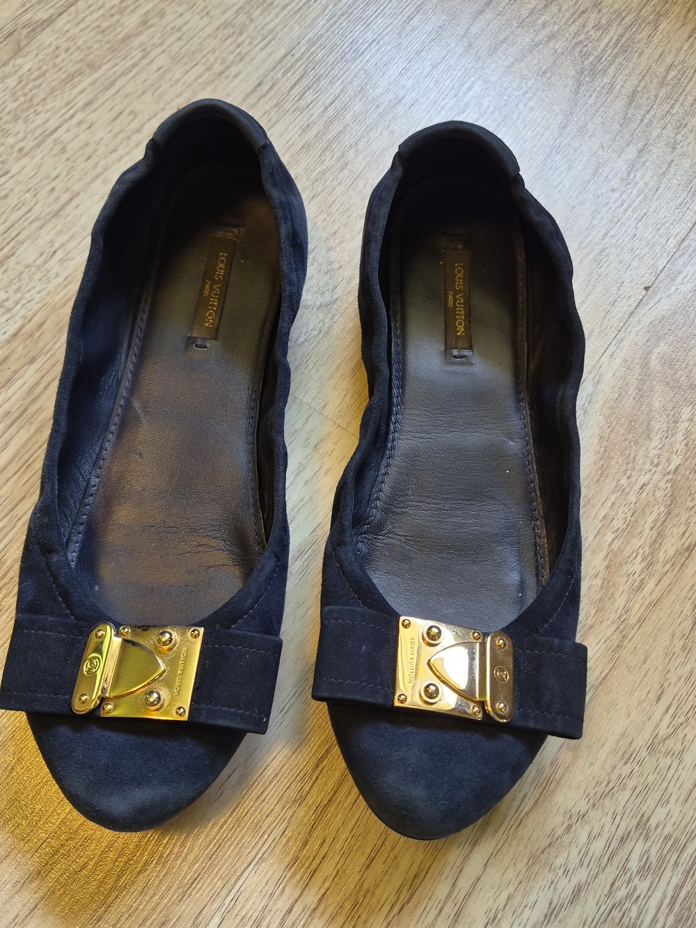 Louis Vuitton Black Suede Ballet Flats with Gold Buckle